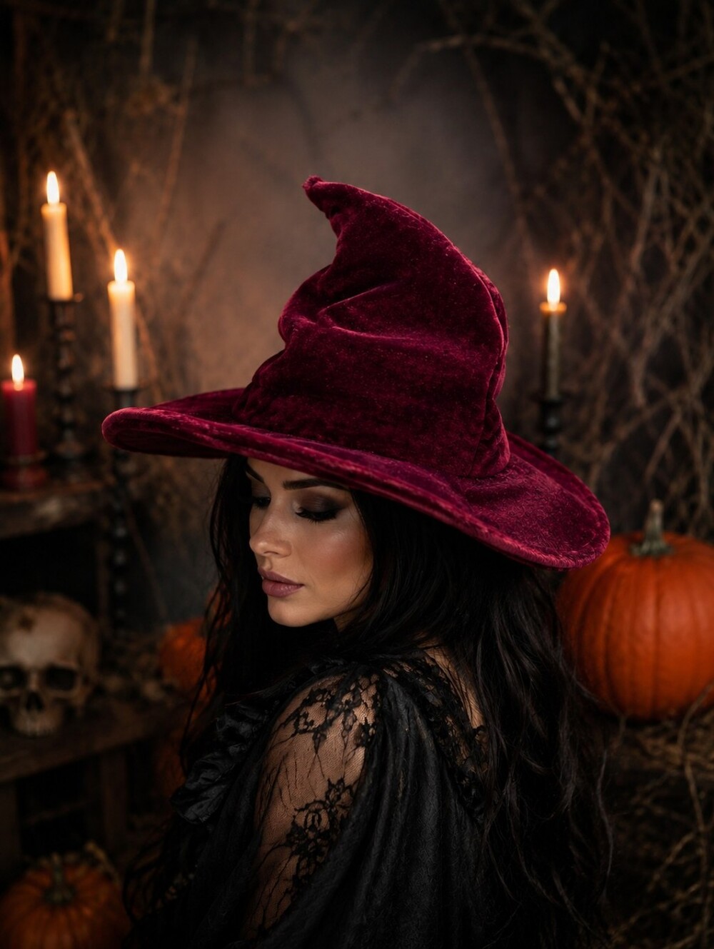 Burgundy Velvet Witch Hat - Halloween Accessory